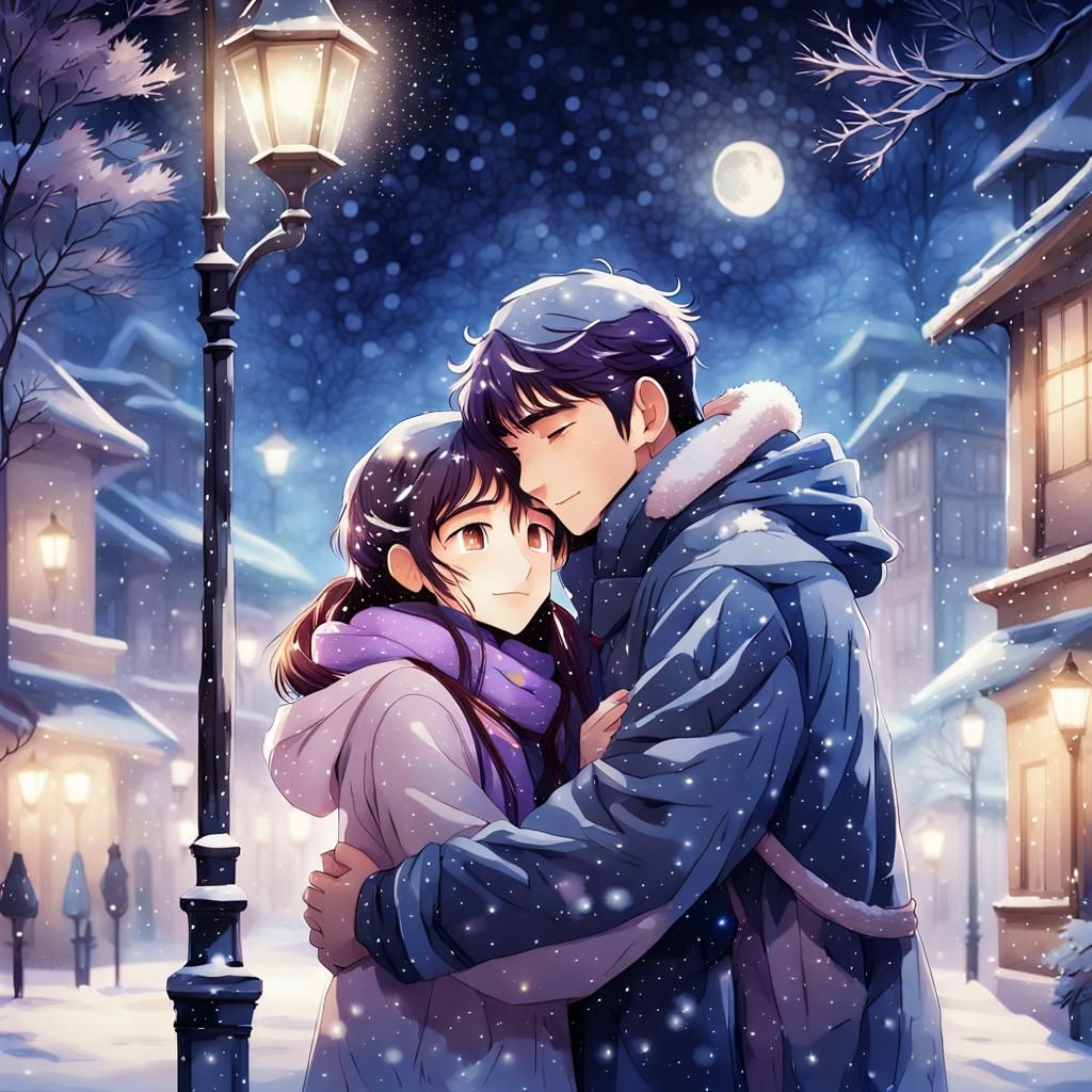 Romantic Anime Couple in Snowy Night Scene