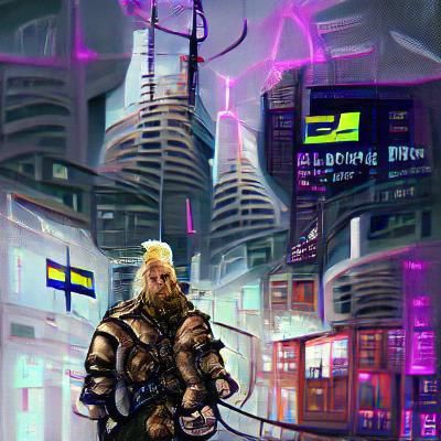 Viking Warrior in Cyberpunk Cityscape