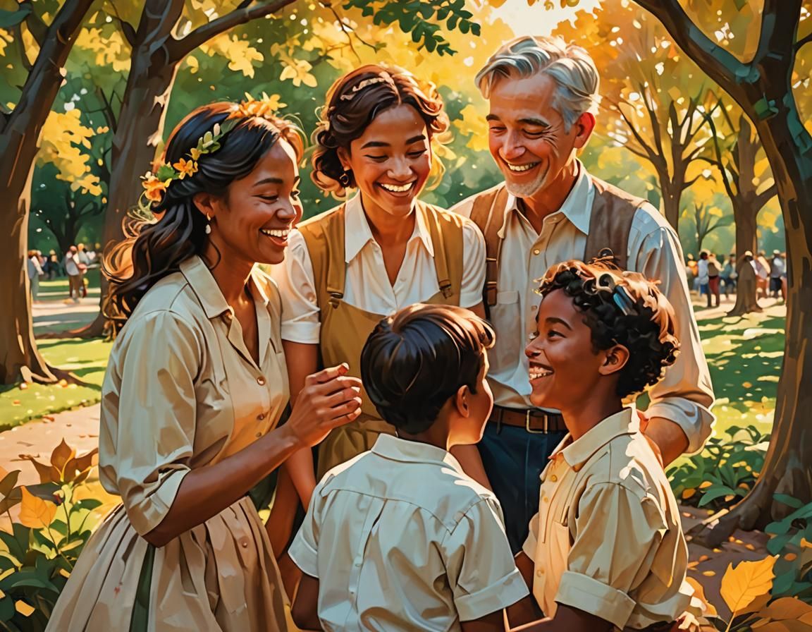 Diverse Group Shares Joy in Sunlit Park: Digital Painting