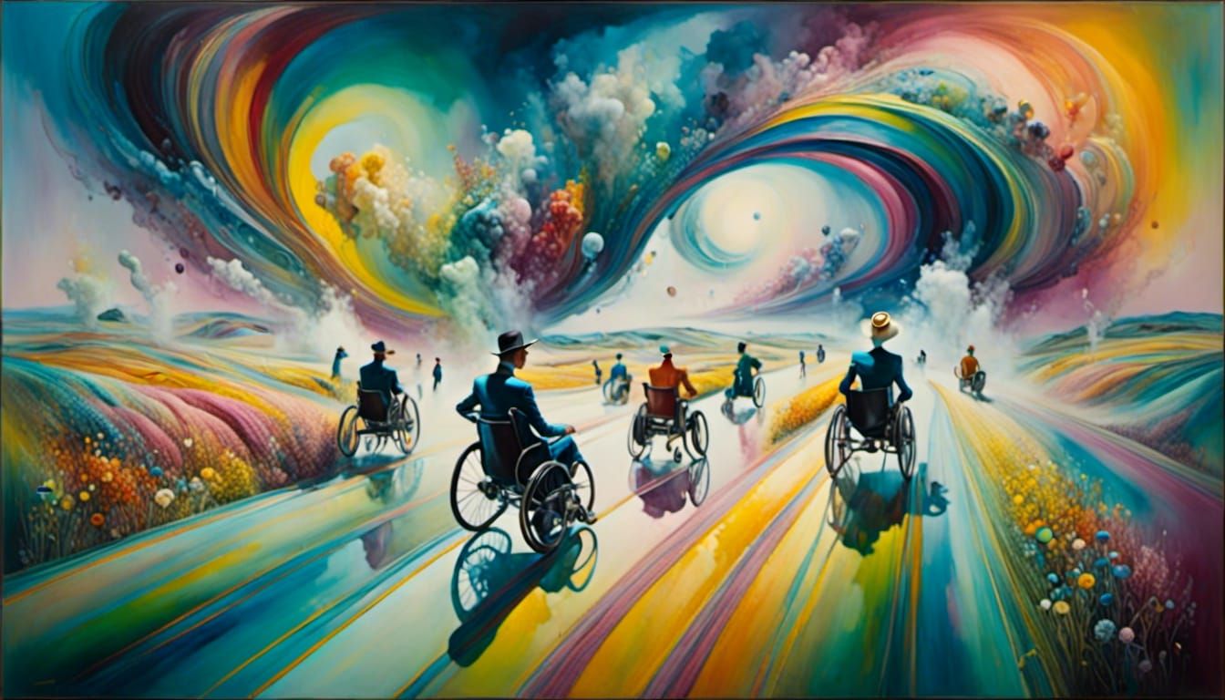 Wheelchair Race in Surreal Dreamscape Oil Painting