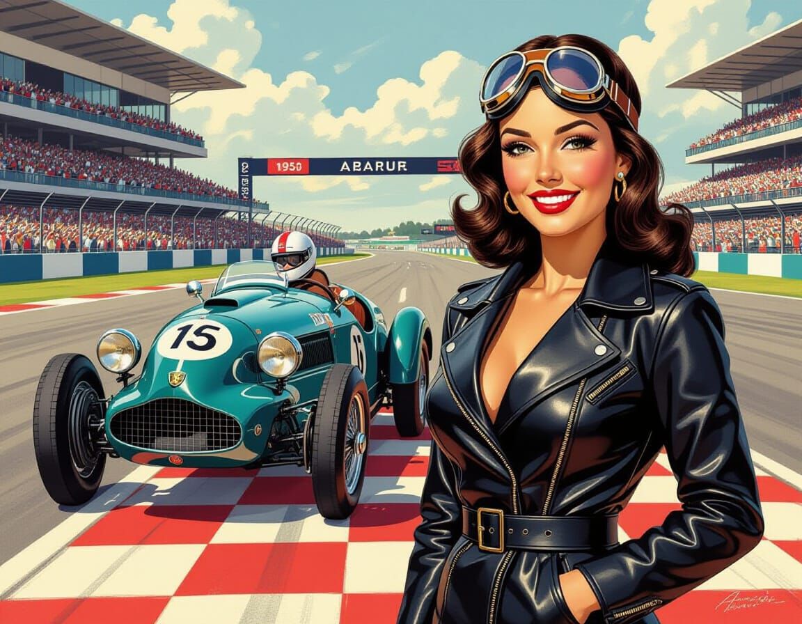 Vintage Pinup Model with 1950s Alfa Romeo Race Car