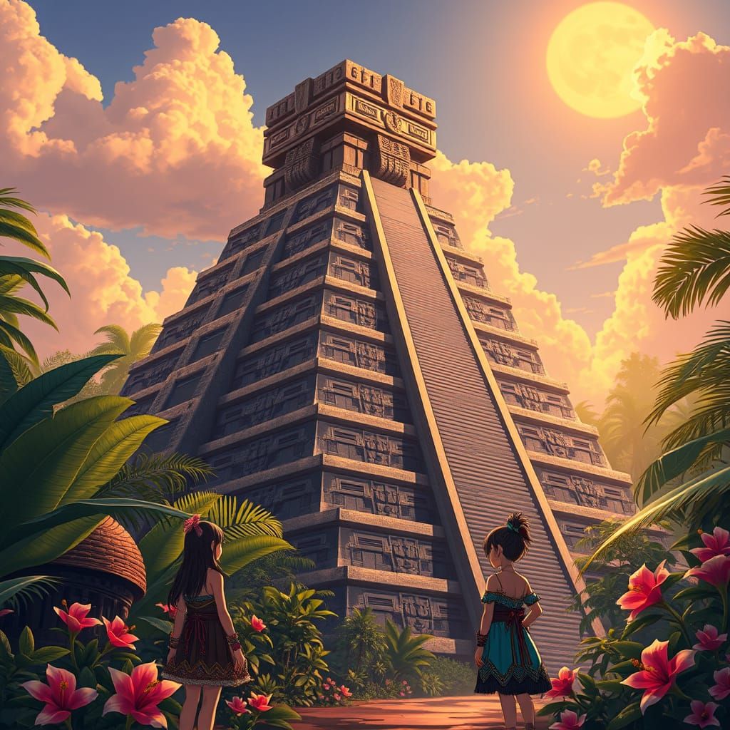 Ancient Aztec Pyramid Rises from Lush Jungle in Anime-Inspir...