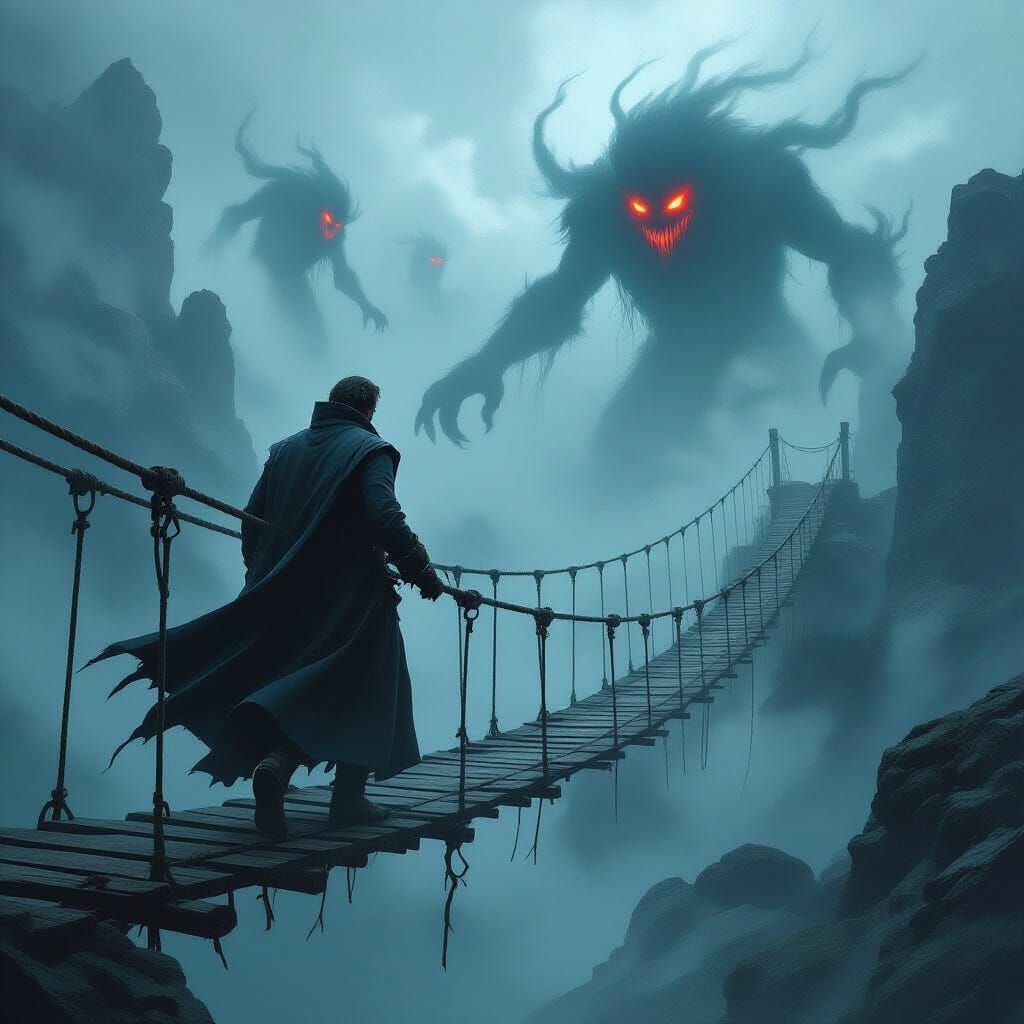 Dark Fantasy Bridge Crossing with Ominous Spirits