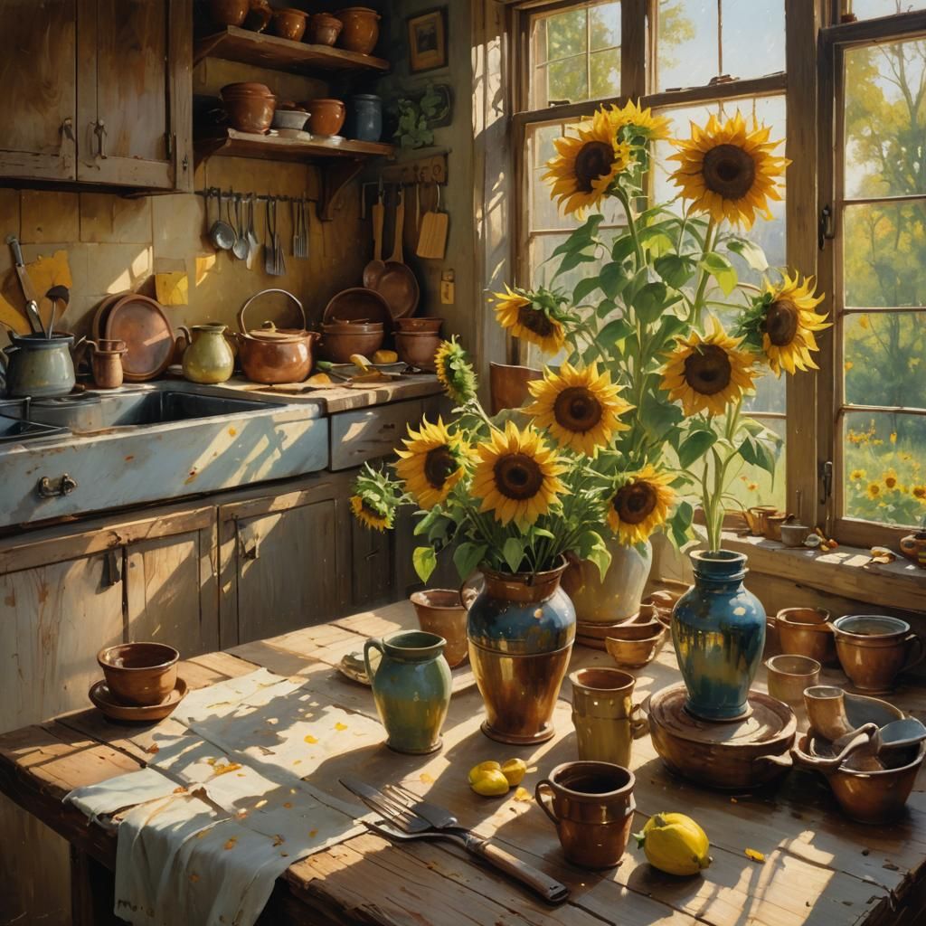 Sunlit Sunflowers in Rustic Country Kitchen