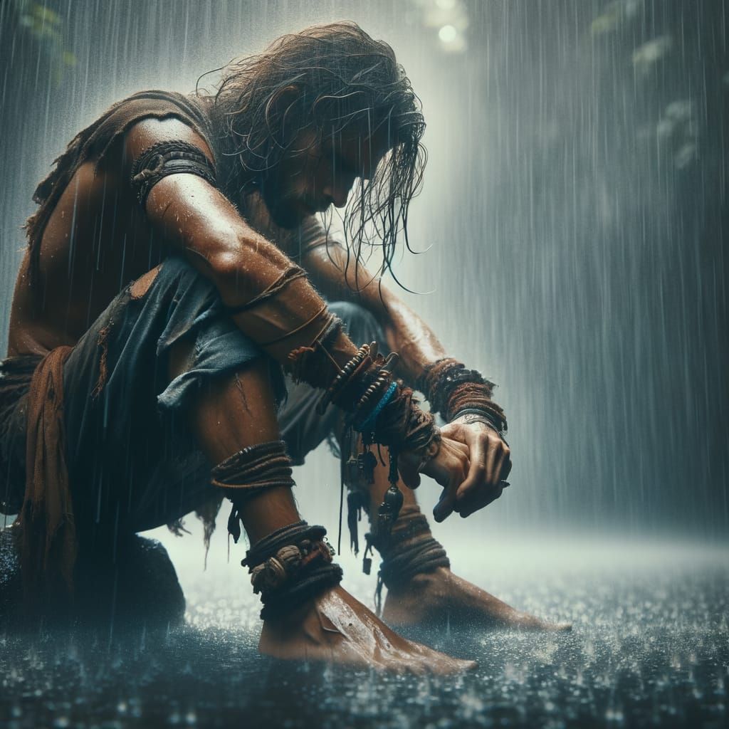 Resilient Man in Downpour: Hyper-Realistic Photography