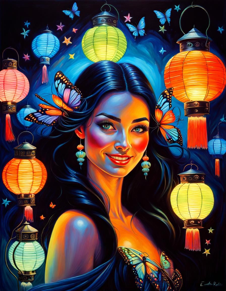 Woman with Neon Highlights as Oil Painting