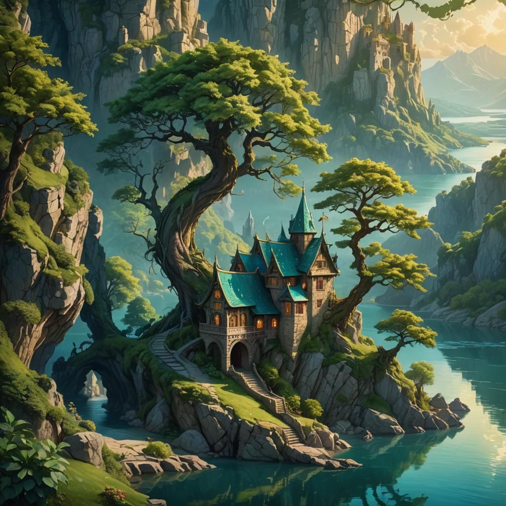 Fantasy Dragon Tree Landscape in Digital Painting Style