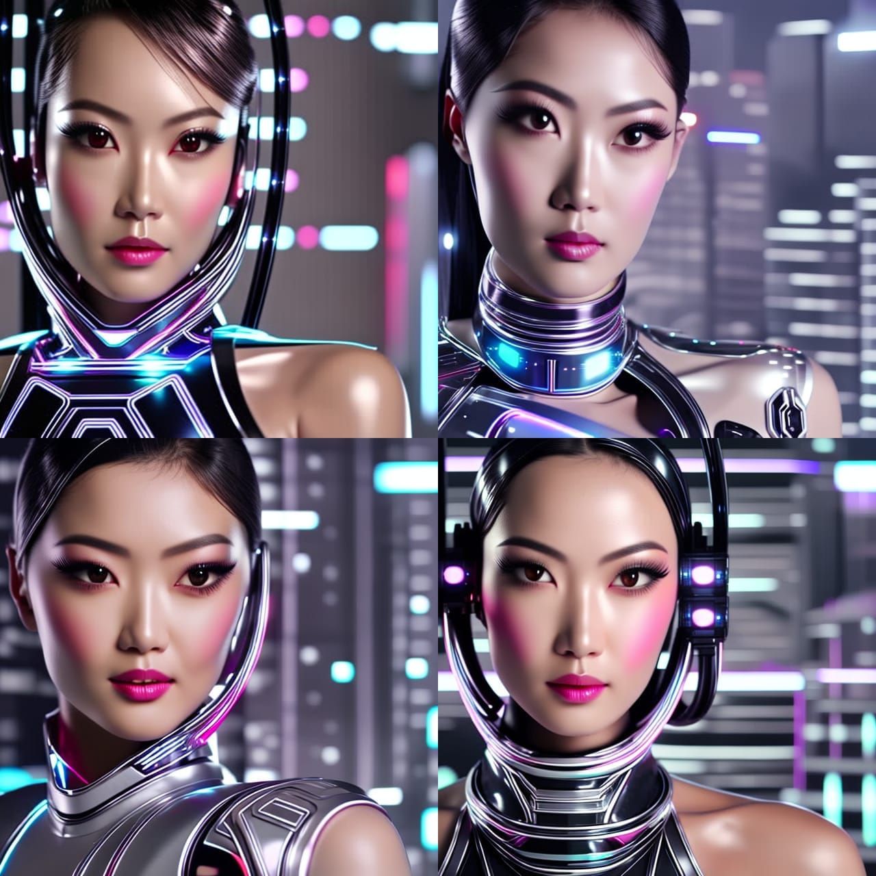 Seductive Asian Robot in Neon Cityscape
