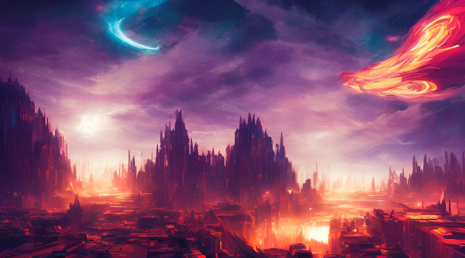 Exploding Star Above Galactic City, Acrylic Art