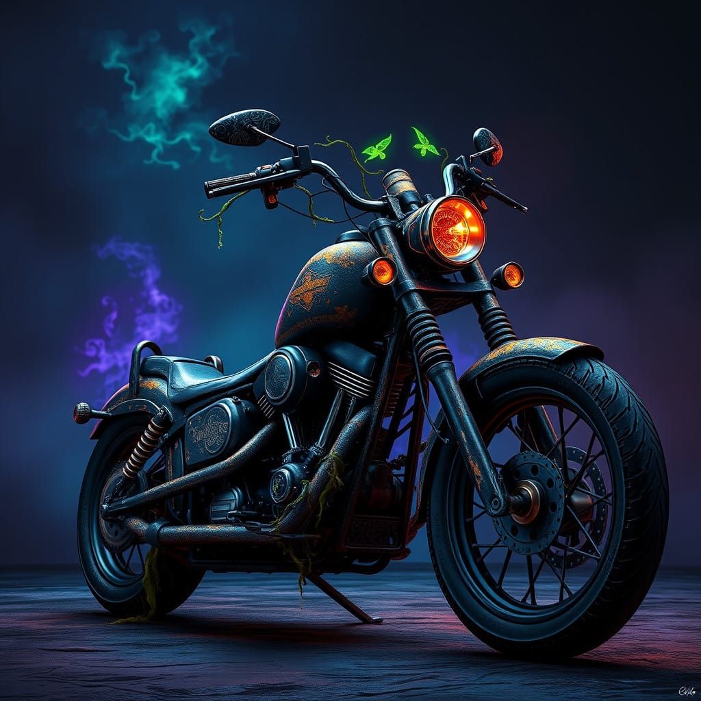 Weathered Fantasy Harley Davidson Motorcycle in Mystic Lands...