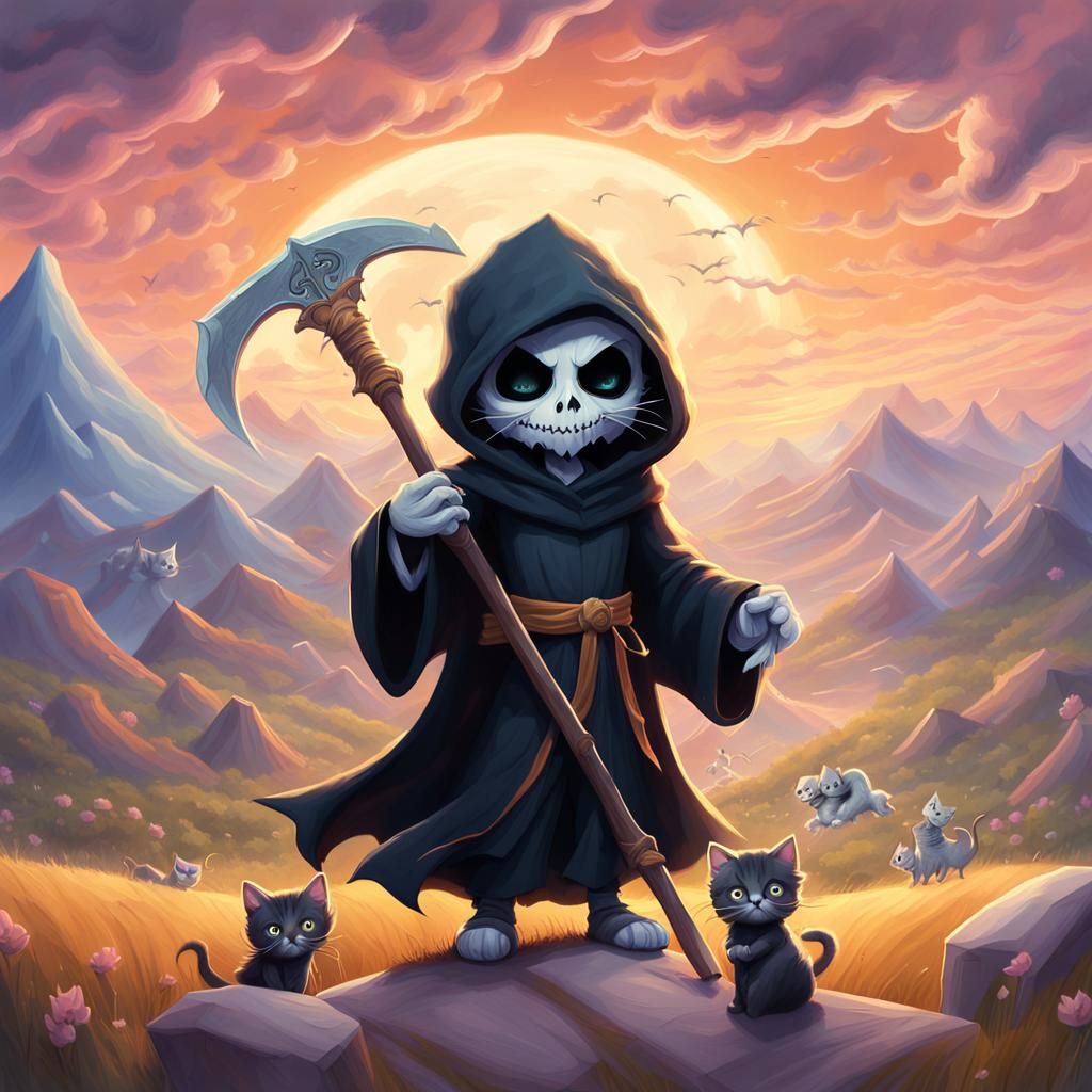 Grim Reaper Surrounded by Whimsical Kittens in a Fantastical...