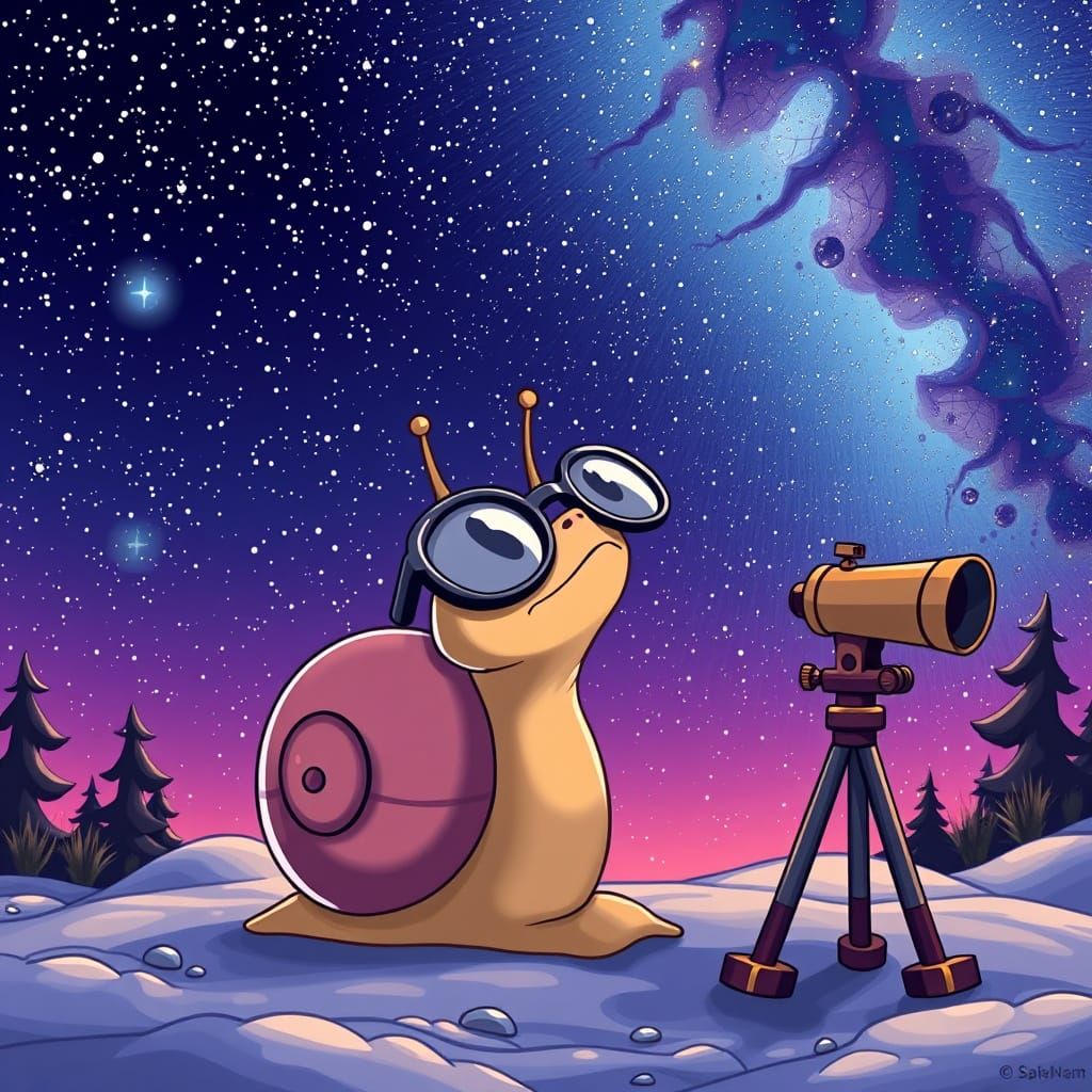 Cartoon Snail Gazing at Stars in Manga Style