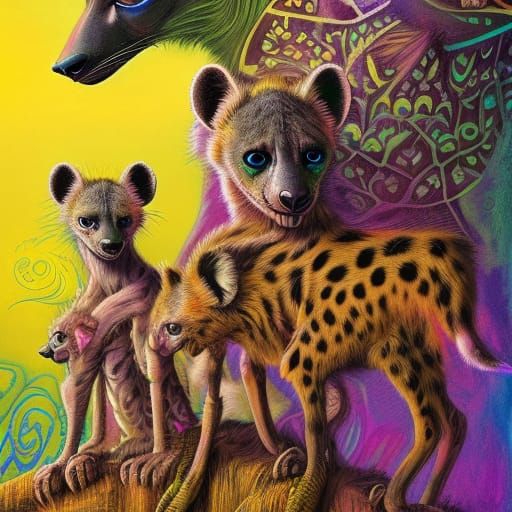 Psychedelic Lion King Hyenas in Yarn Art Style