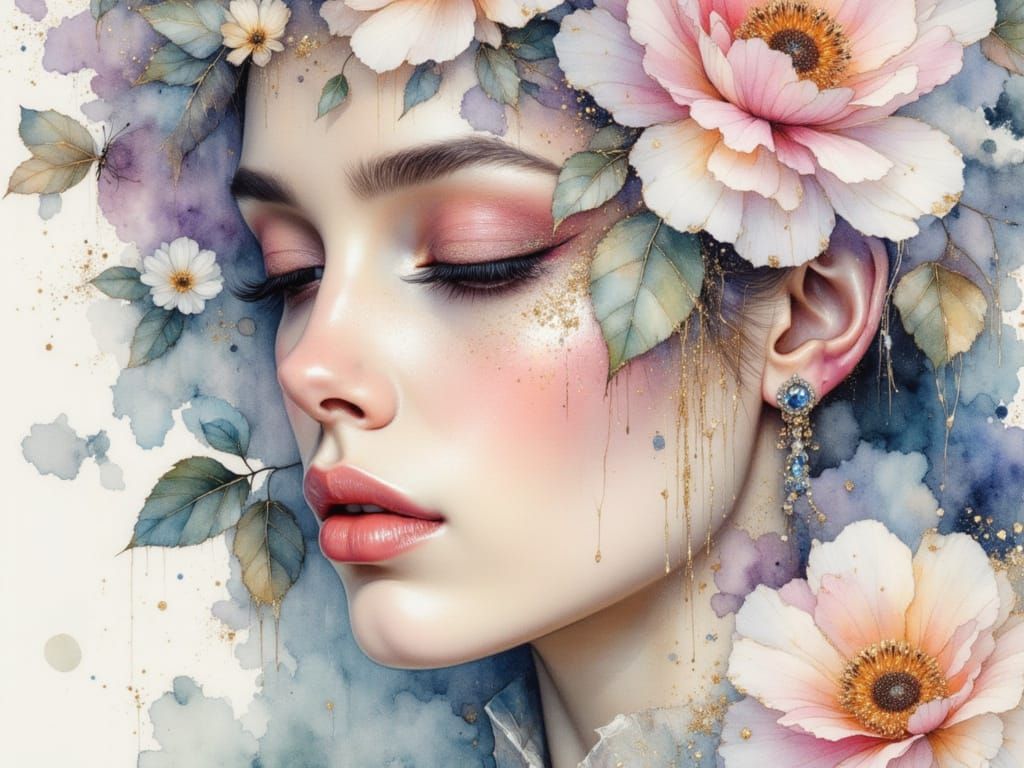 Ethereal Woman Adorned with Dreamy Watercolor Flowers