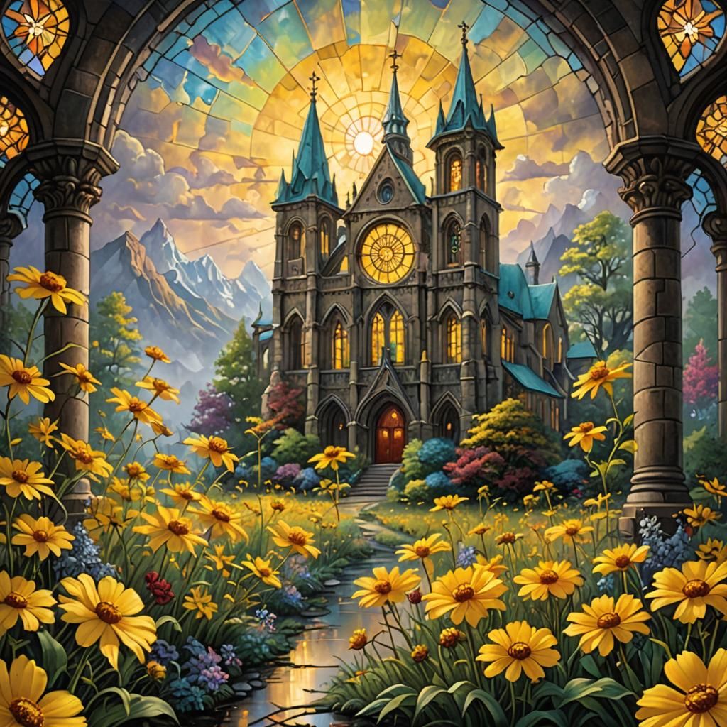 Stained Glass Cathedral Window with Coreopsis Flower
