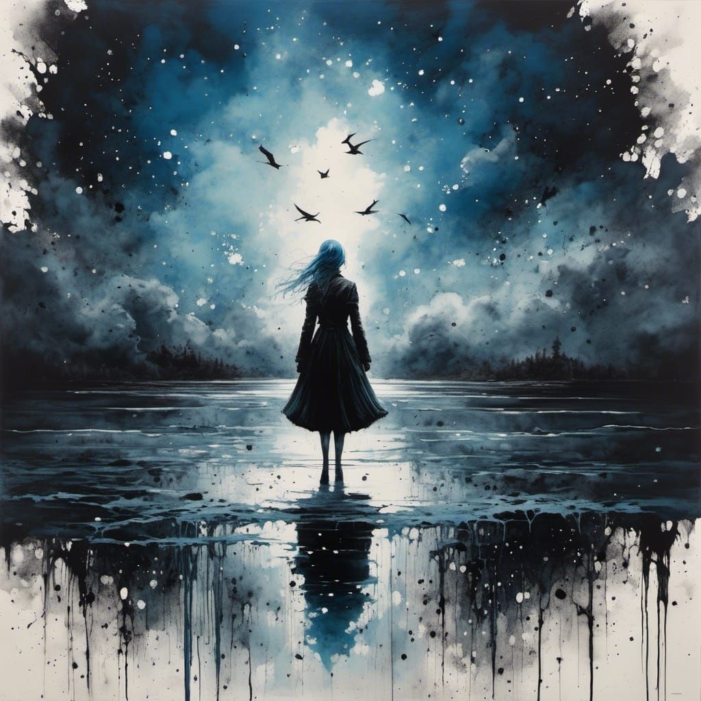 Lonesome Girl by Lake: Watercolor Painting