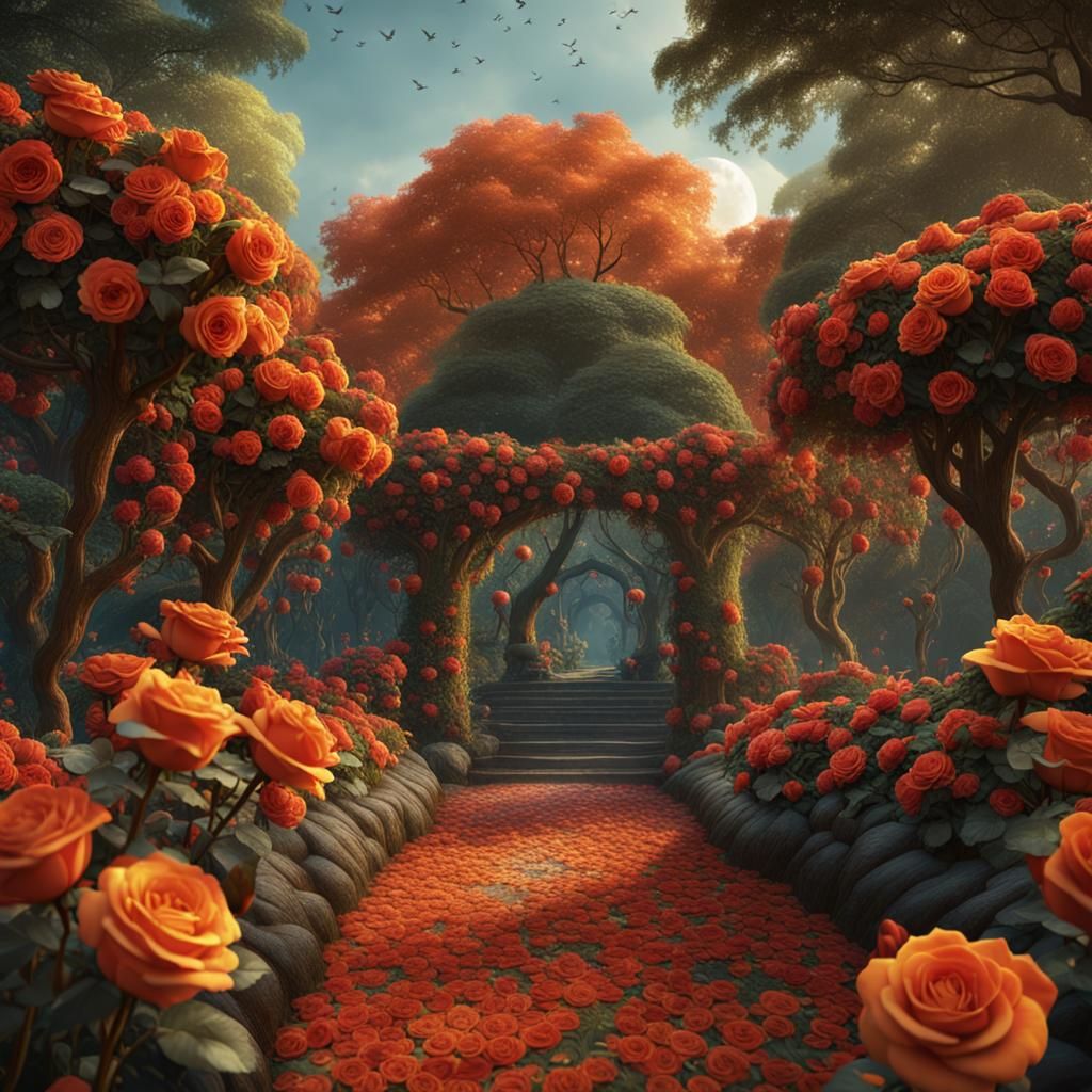 Lush Rose Garden: Detailed Matte Painting