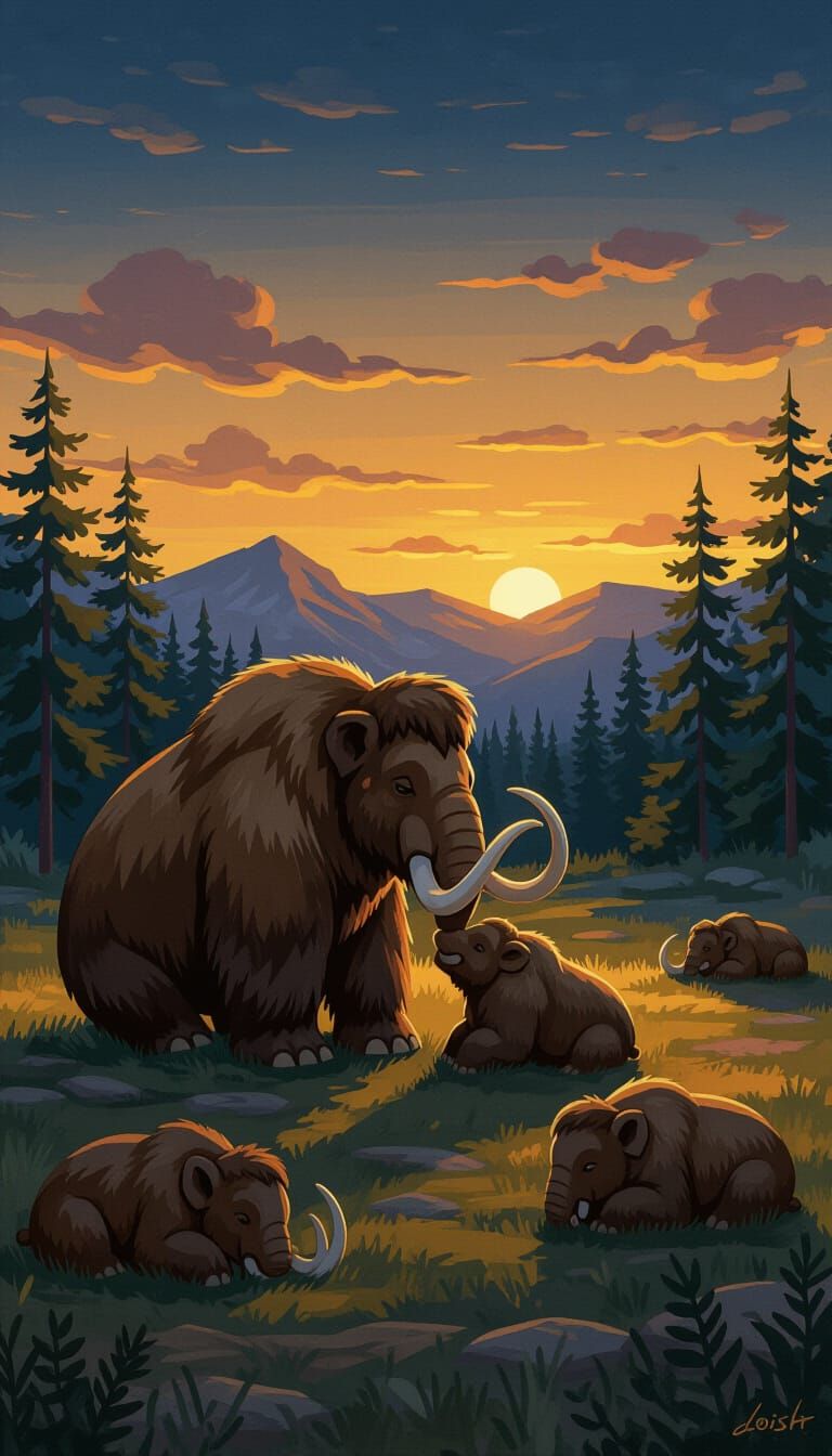 Playful Mammoths in Golden Light: A Digital Painting