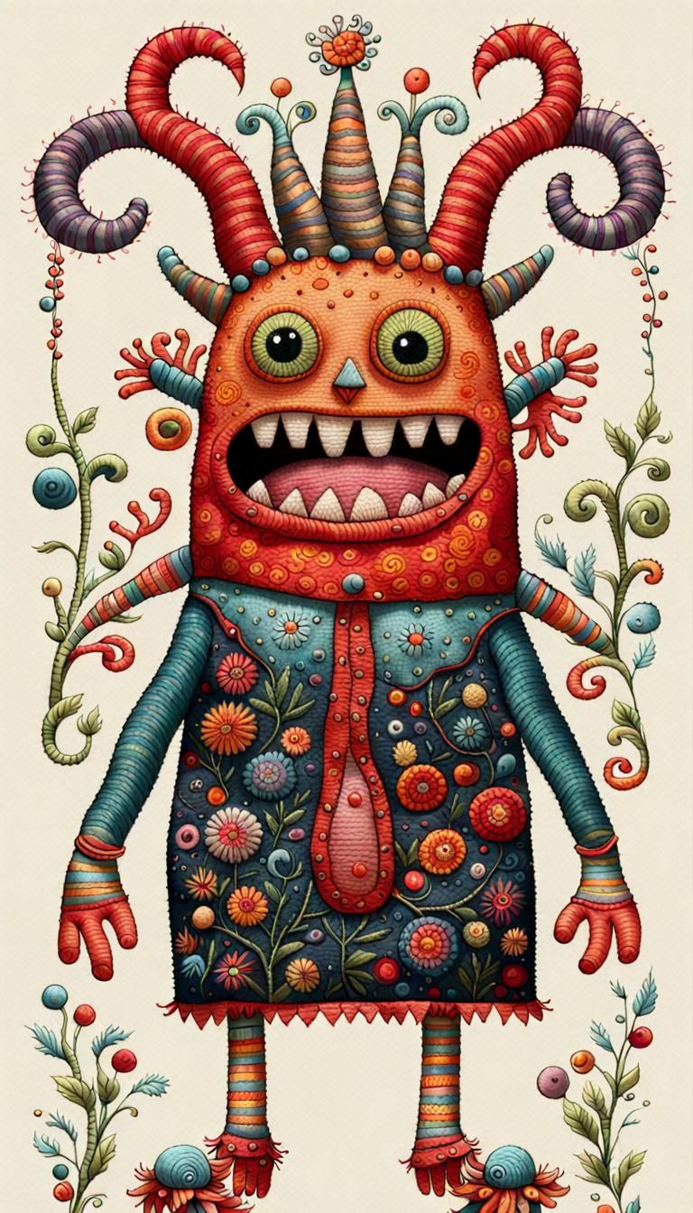 Joyful Embroidered Monster with Colorful Details