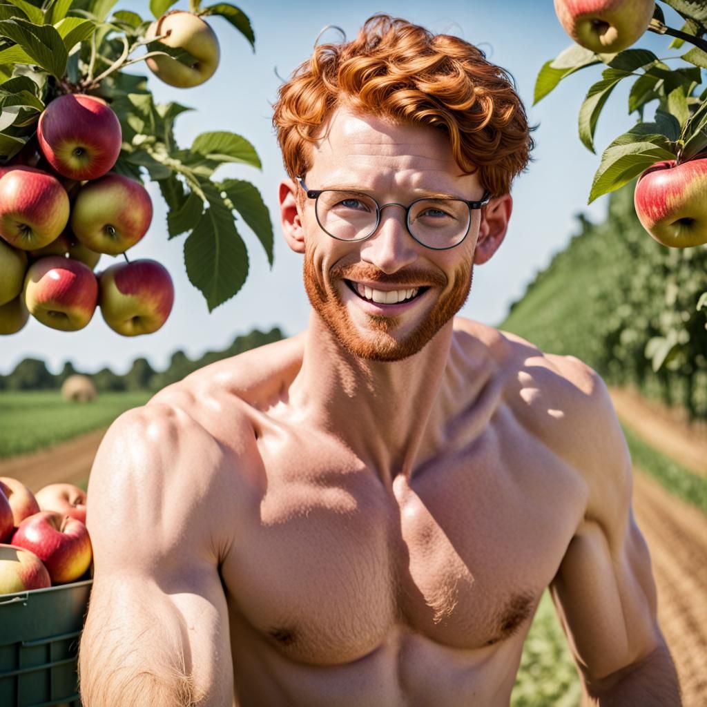 Redhead Farmer Wipes Sweat After Apple Harvest