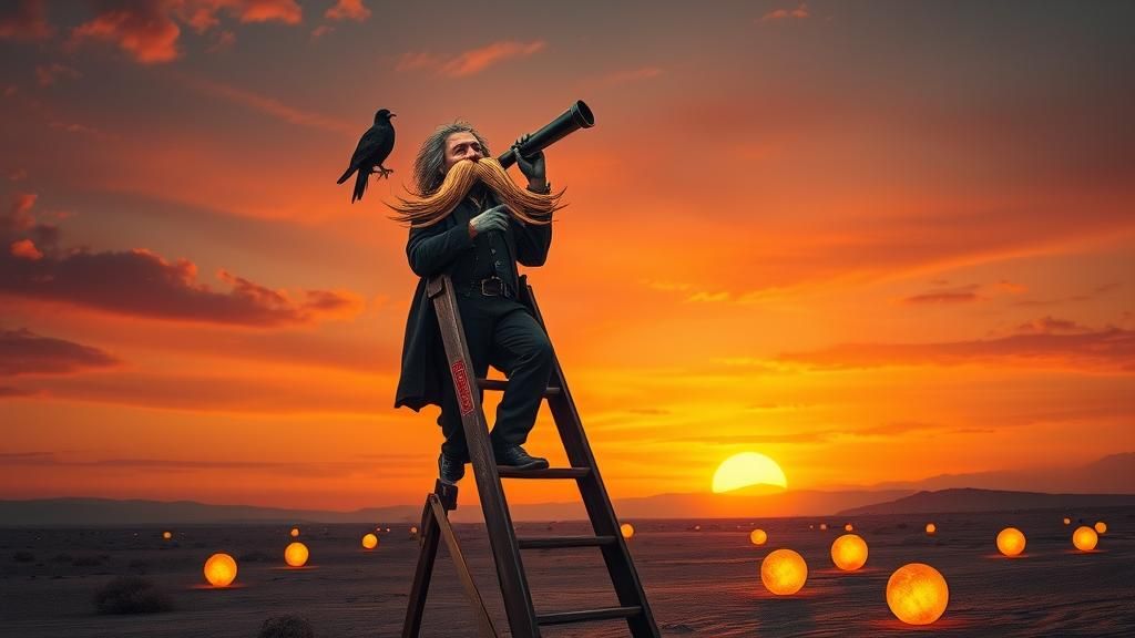 Surreal Astronomer with Vulture Mustache Gazing at Twilight