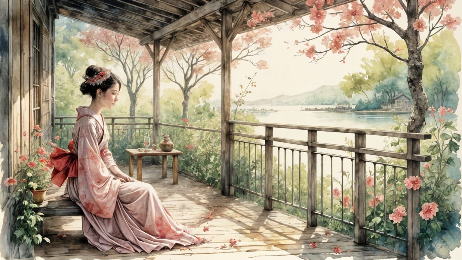 Ethereal Japanese Scene in Soft Watercolor Style