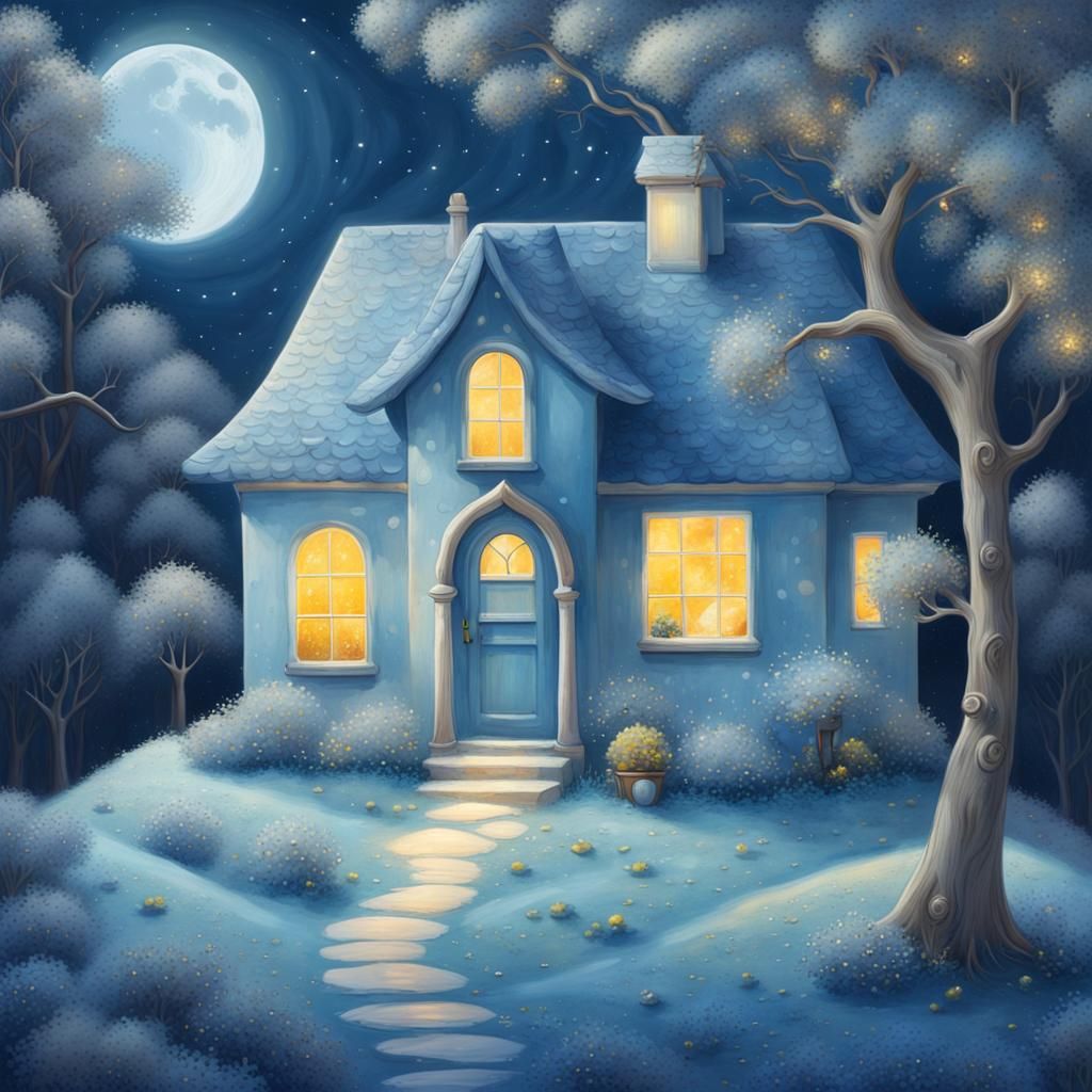 Lunar Landscape with Cozy House in Art Brut Style
