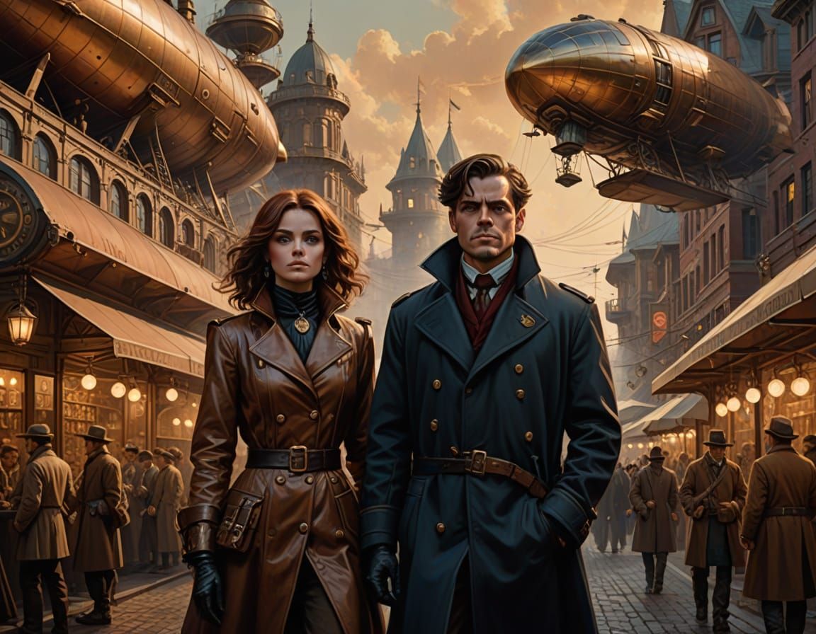 Steampunk Cavalier and Detective in Bustling Market