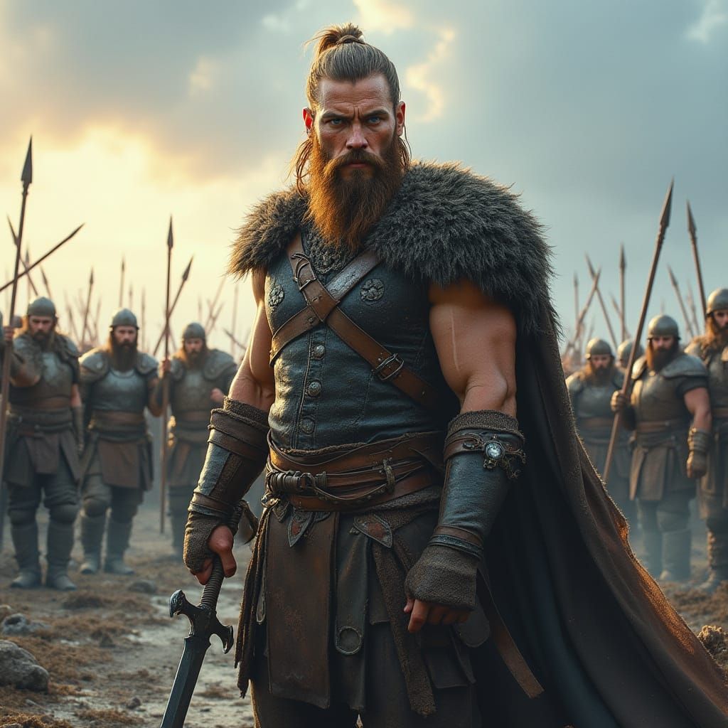 Battle-Scarred Viking Warrior Stands Guard on War-Torn Battl...
