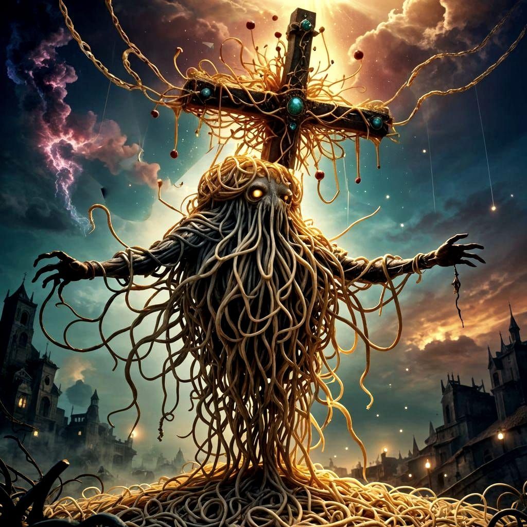 Flying Spaghetti Monster Crucifixion: Detailed Digital Art