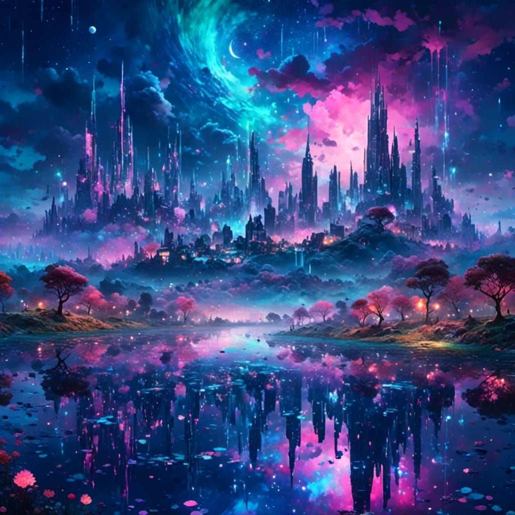 Iridescent Cityscape Under Starry Night Sky