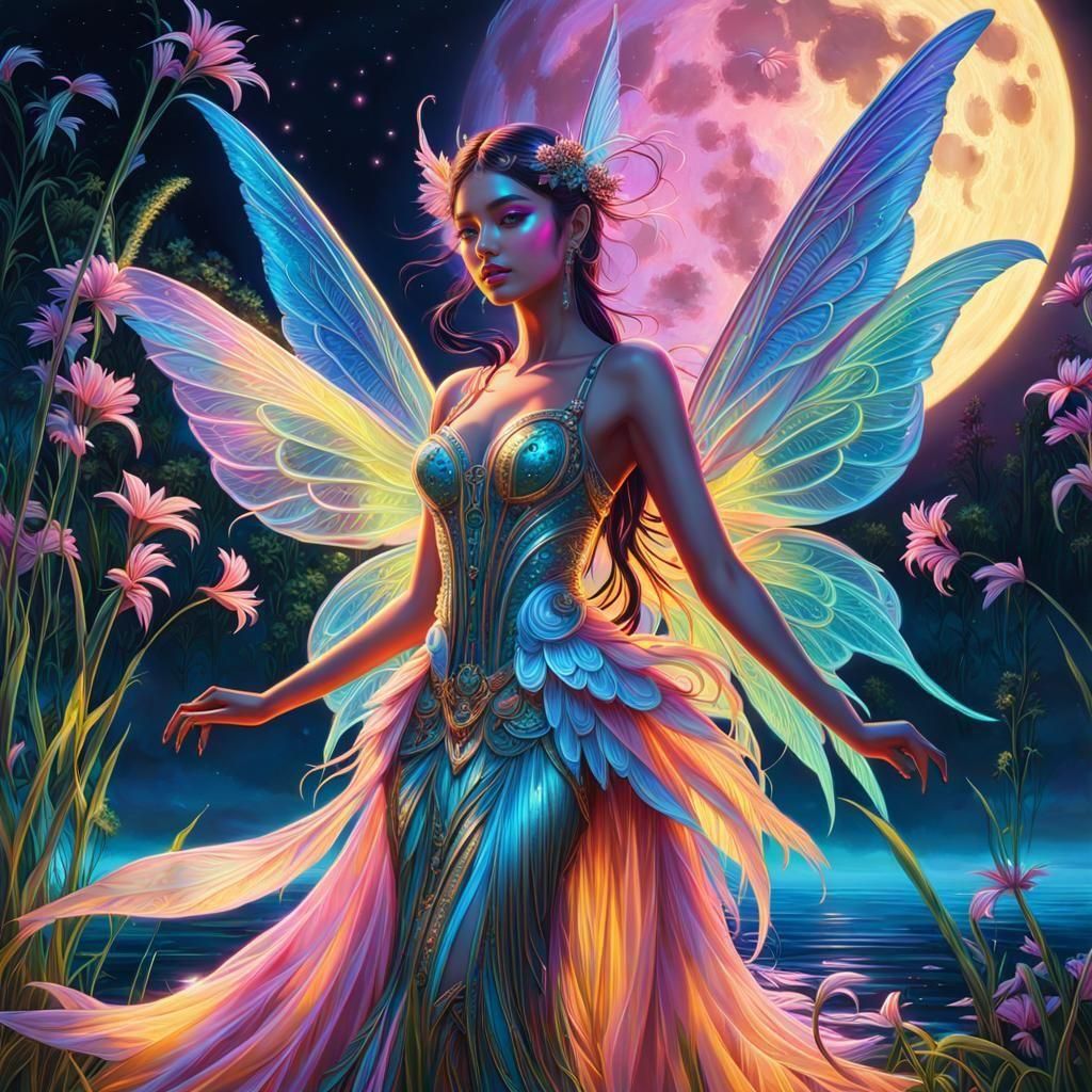 Neon Fairies Dance Before the Moon