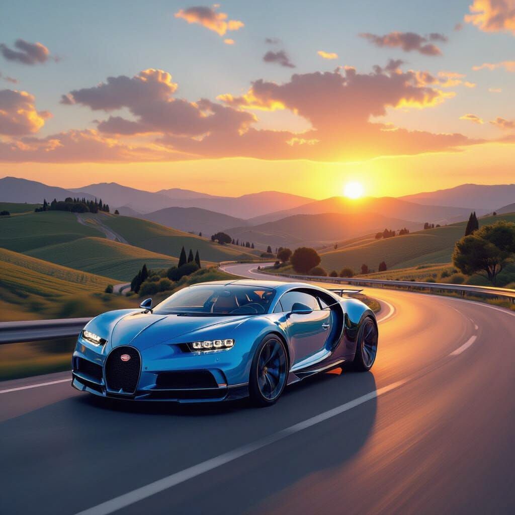 Bugatti Speeds Down Road at Sunset in Futuristic Style