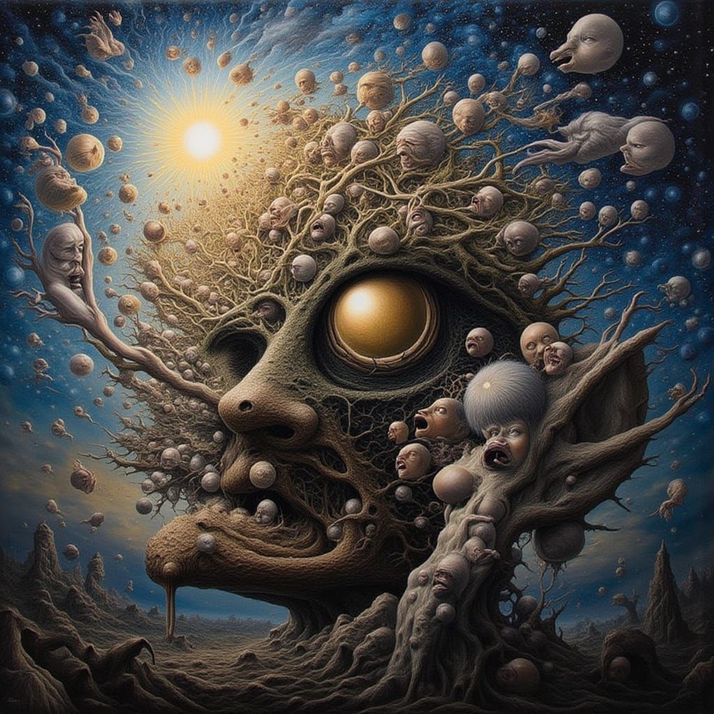 Fractal Man With Many Faces in Nightmarish Mindscape