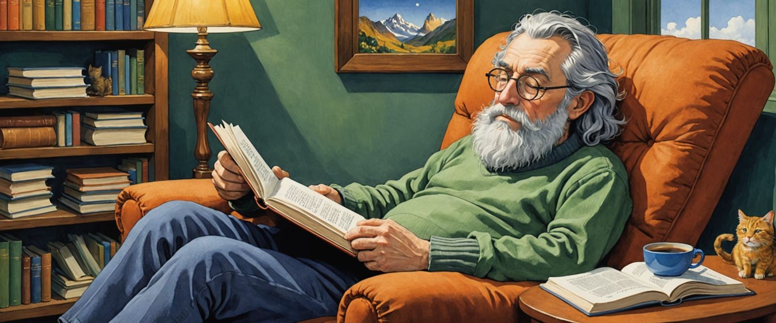 Old Man Sleeping in Recliner, Watercolor Style