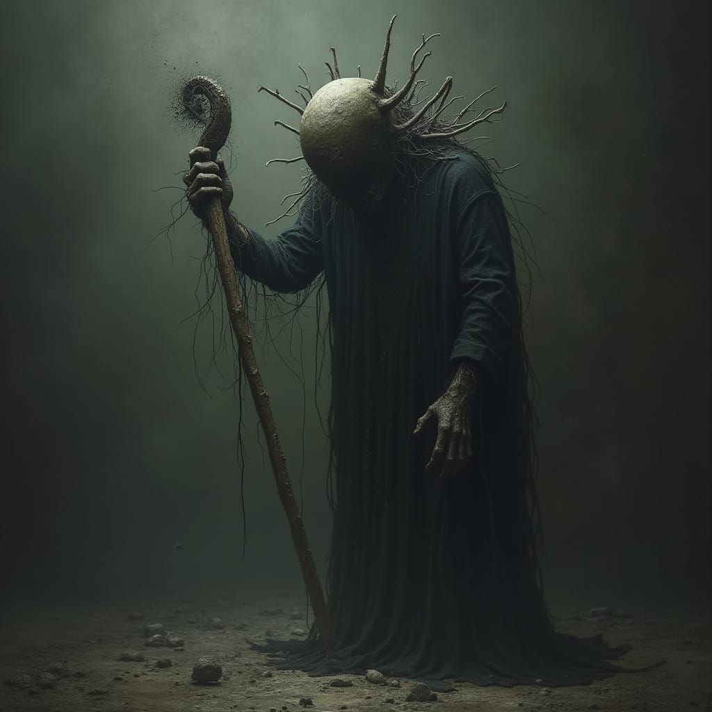 Mysterious, Shadowy Figure Stands in a Haunted, Decaying Env...