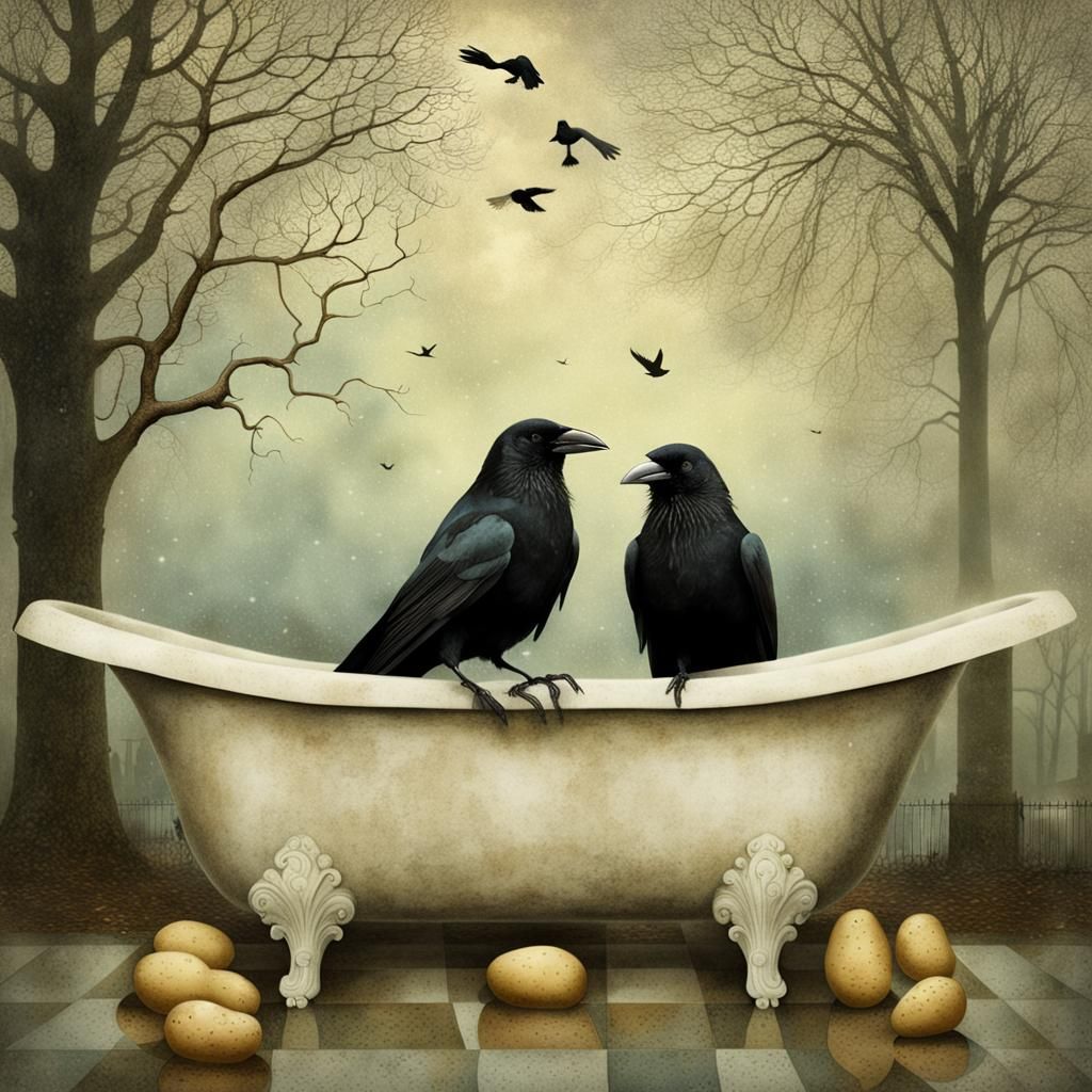 Potato and Crow Bathing in Cemetery, Illustrated Style