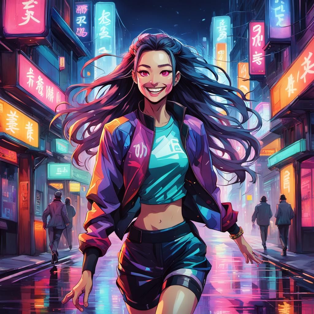 Nezuko Cosplay in Retro-Futuristic Cityscape