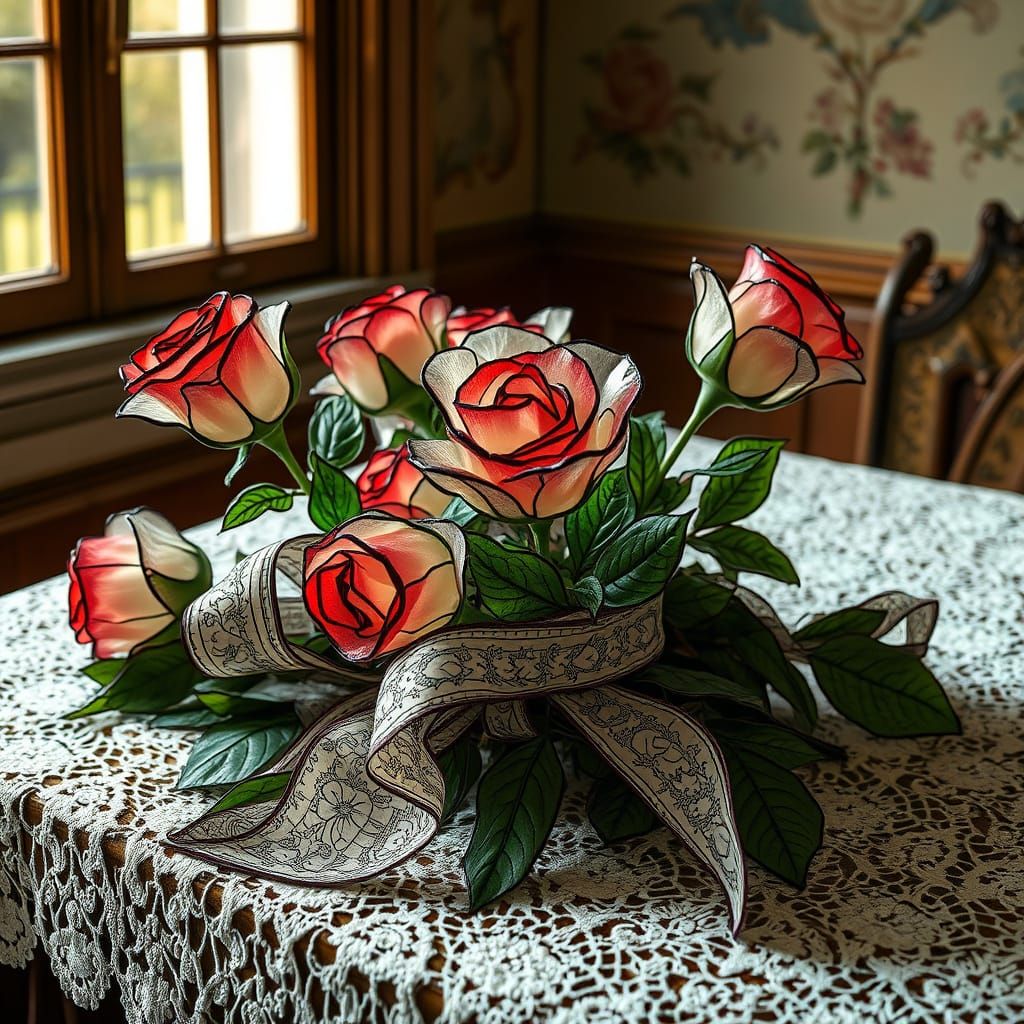 Stained Glass Roses Still Life in Tiffany Style