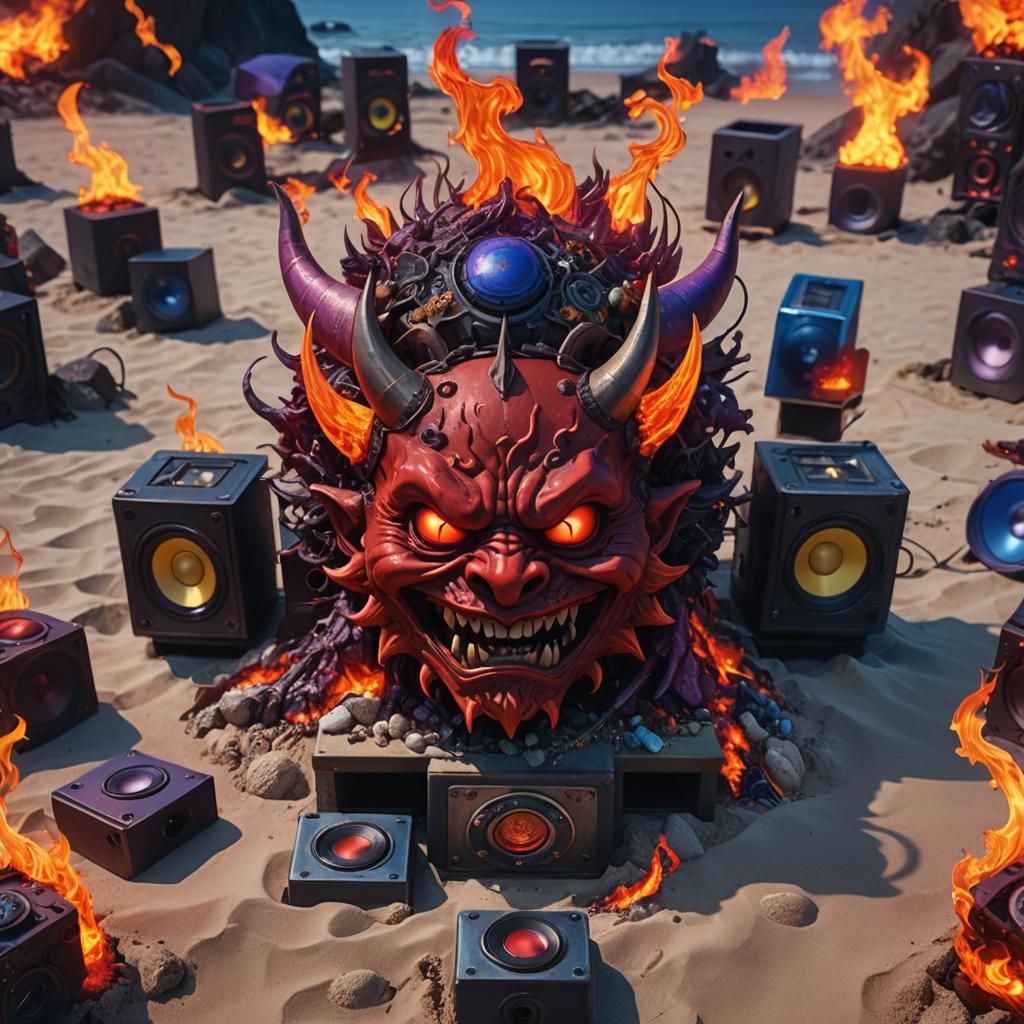 Fiery Devil Head on Beach, Miyazaki-Inspired Art