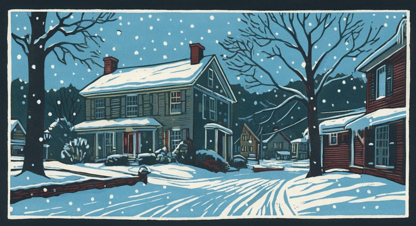 Vermont Winter Day in Woodcut Style