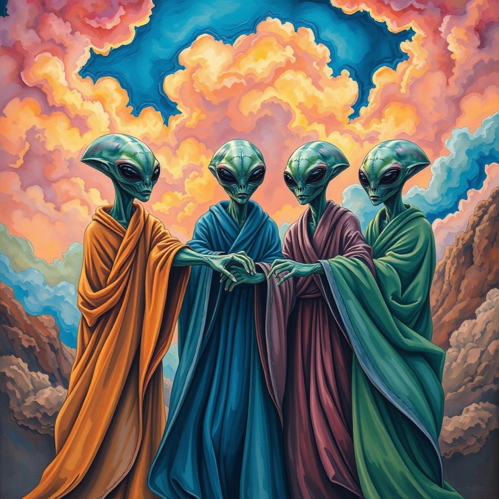 Friendly Aliens in Flowing Robes: Gouache Style