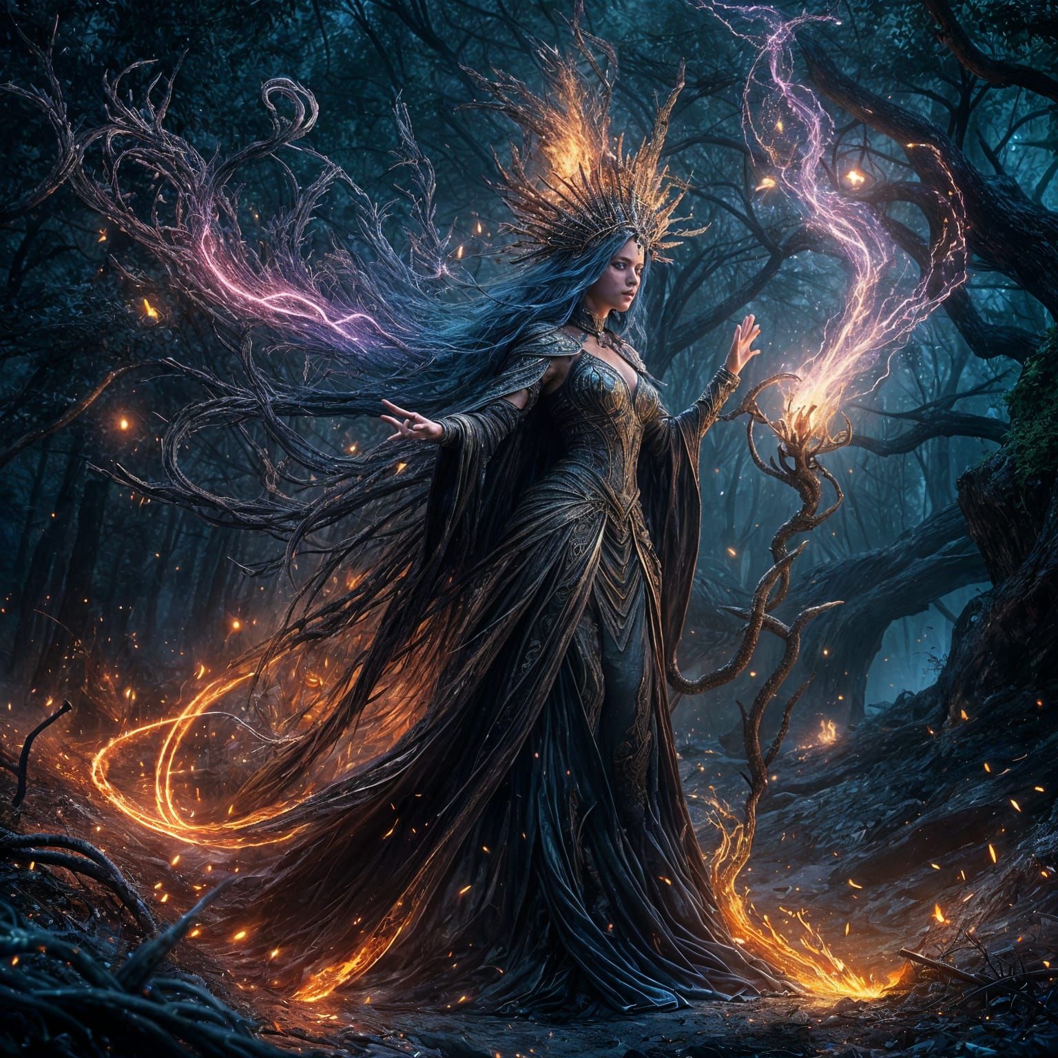 Sorceress Summoning Elements in a Magical Forest