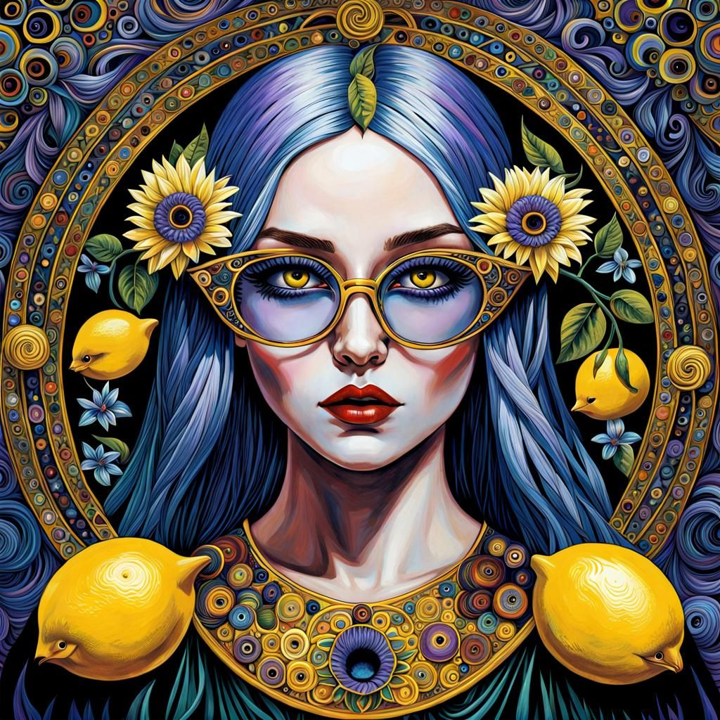 Ethereal Gothic Angel with Yellow Eyes, Maximalist Art