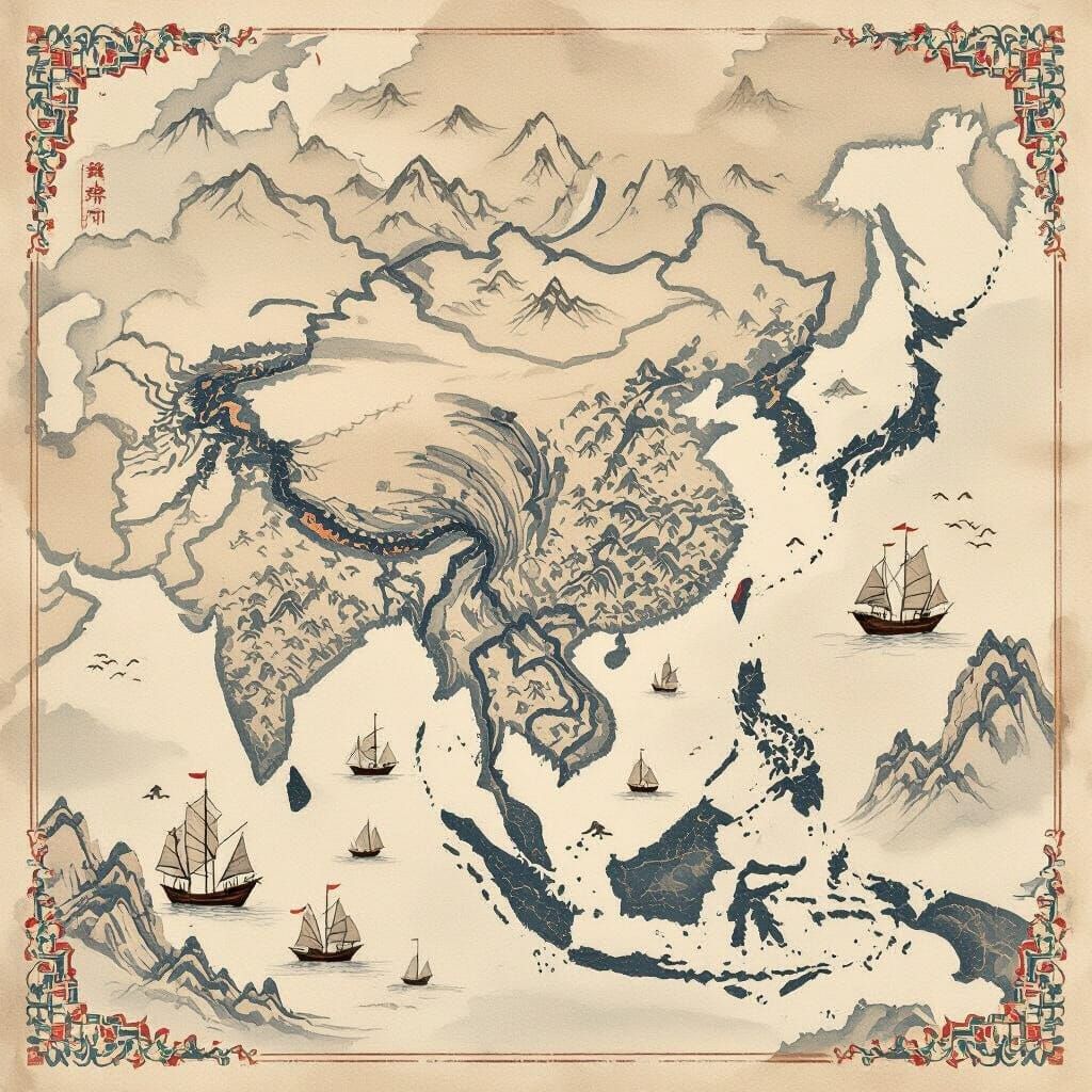 Silk Map of Asia in Sumi-e Ink Wash Style