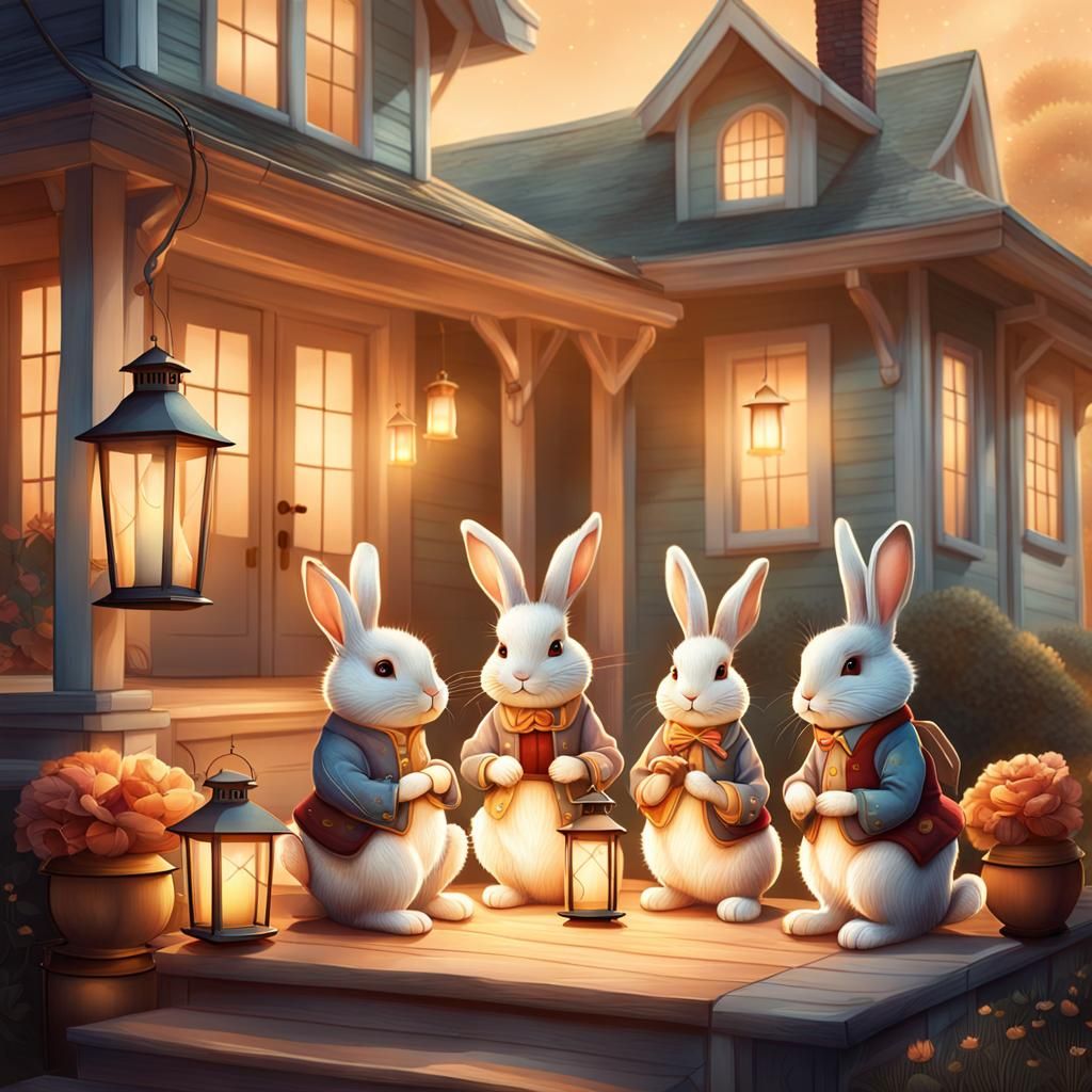 A house lit by lanterns, and a cute realistic family of rabb...