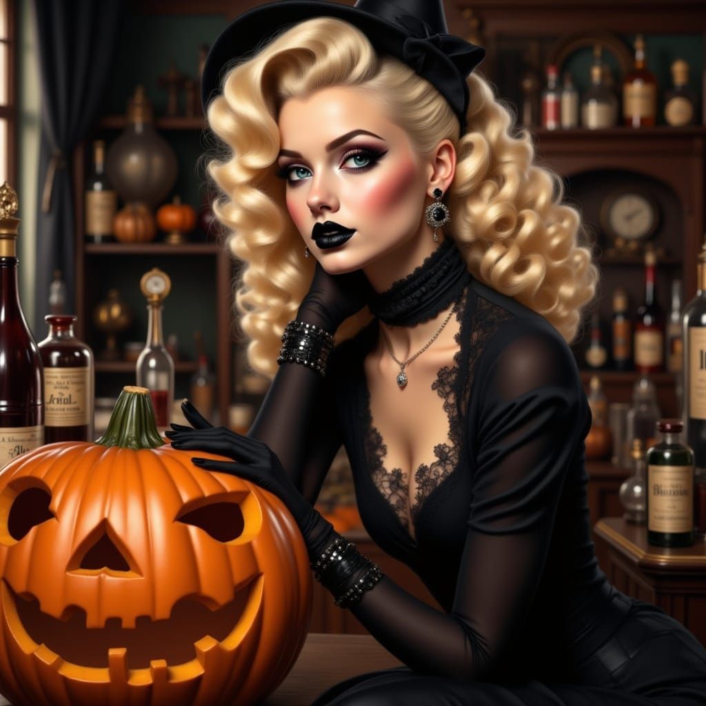 Charming Witch Pin-Up Illustration in Retro Style