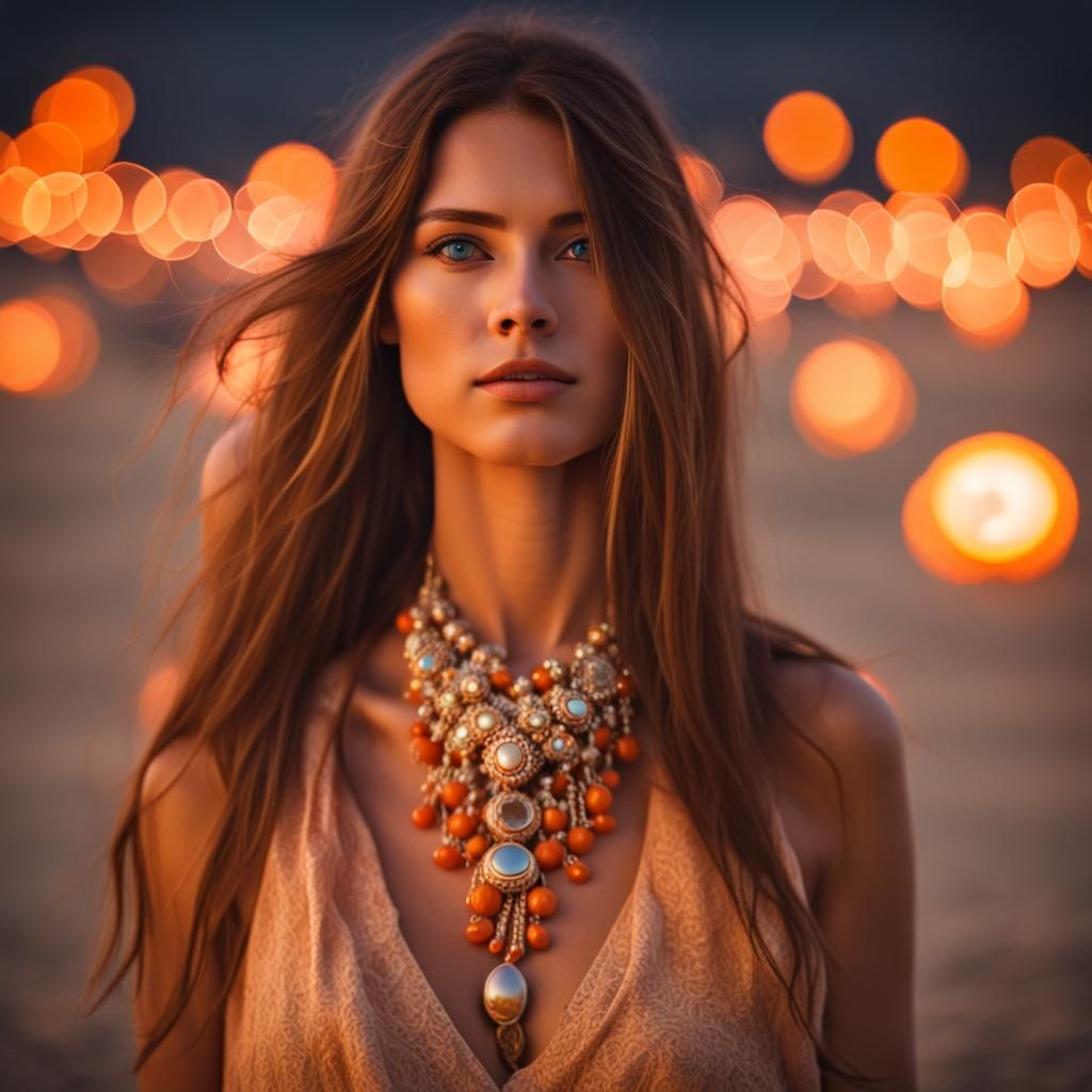 Gypsy Woman with Orange Eyes in Desert Landscape