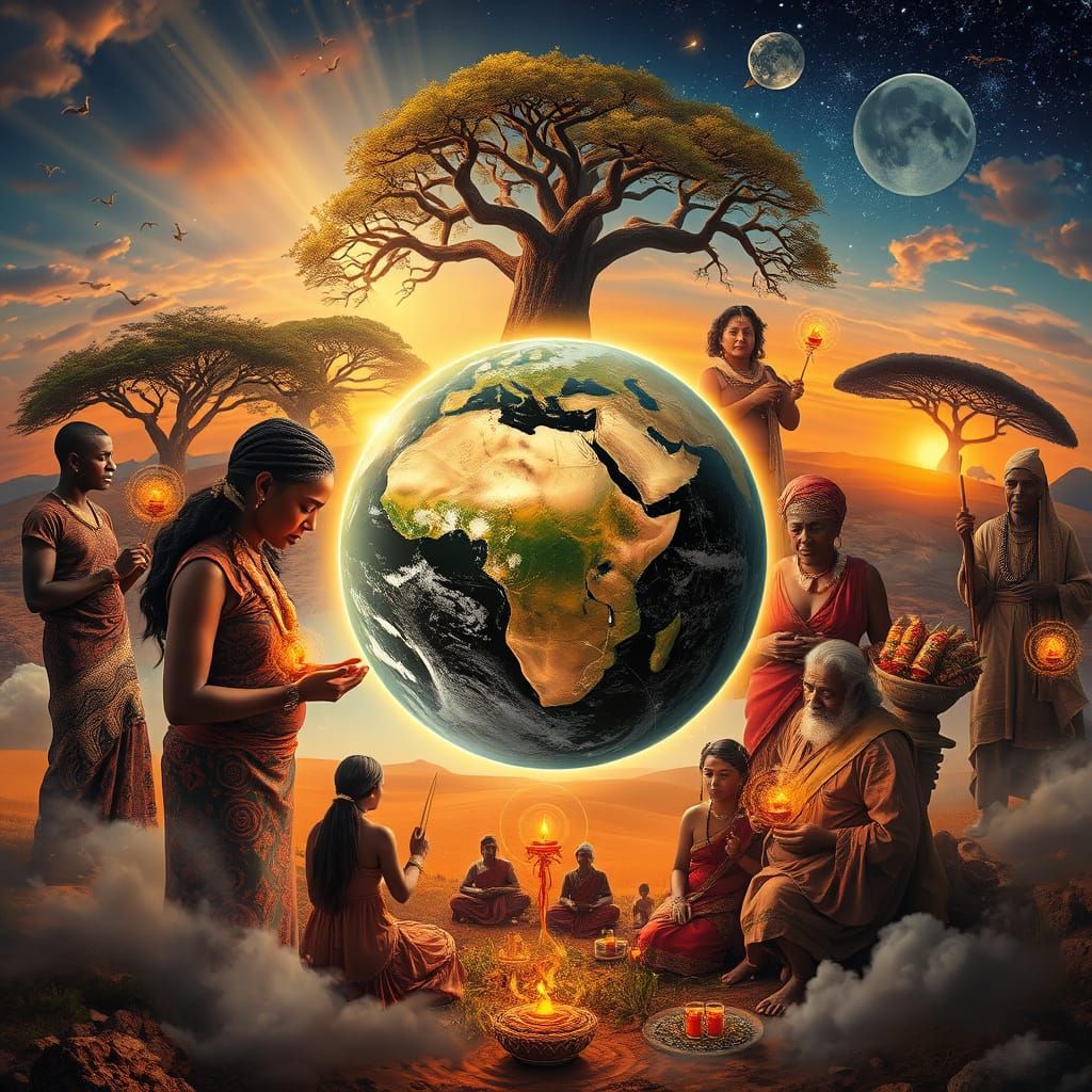 Celestial Global Prenatal Rituals Panorama in Hyper-Realism