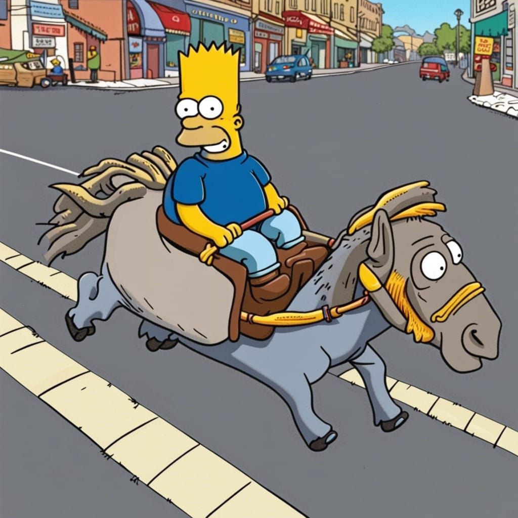 Cartoon Character Rides Donkey in Street